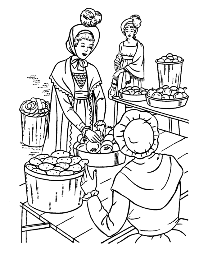 USA-Printables: Early American Society Coloring Pages - farmer's market -  Early America tradition and culture coloring pages
